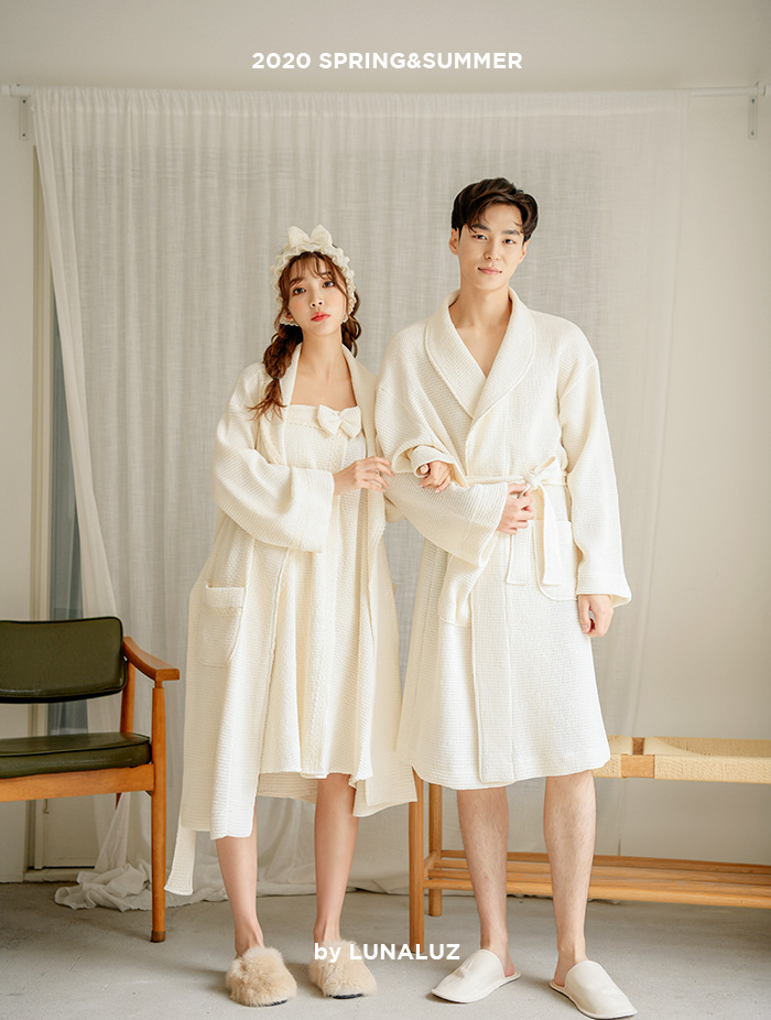 [Sold out of men&#039;s ivory]Couple Modal Waffle Gown (2C long-sleeved collar neck) 20-00154