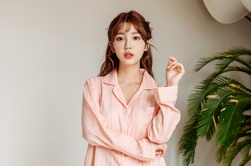 [Women-Ivory / Pink sold out]Women&#039;s string cotton top and bottom (3C long sleeve collar neck) 20-00531