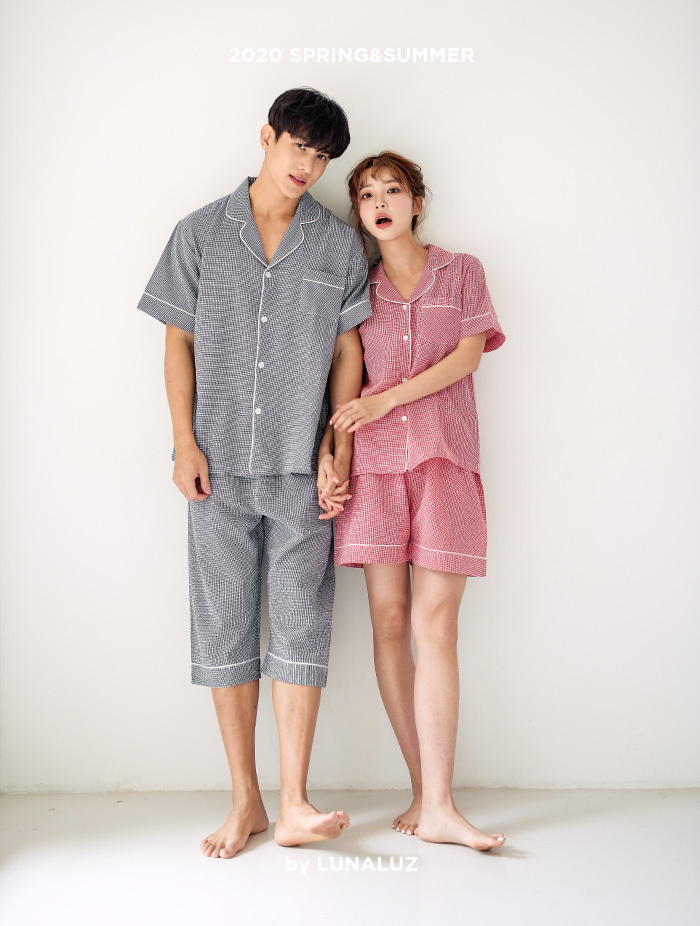 Couple muffin check top and bottom (short-sleeved collar neck) 20-02651