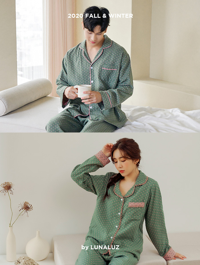 [Discount][Out of stock-Men (products with color matching)] Couple yogurt double gauze top and bottom (2C long sleeve collar neck) 20-09551