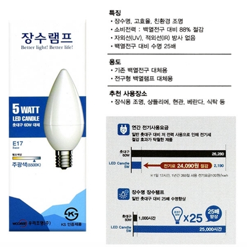 돈스텔 삼파장 조명등 장수 촛대구E17 5W 주광색