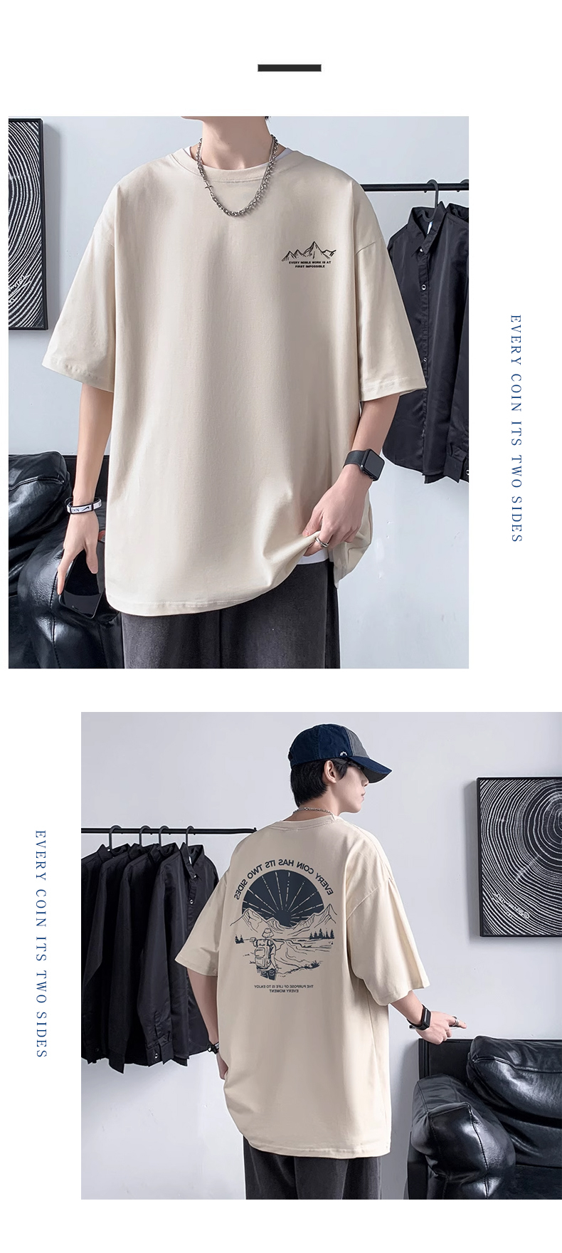 남자 오버핏 프린팅 순면 반팔 티셔츠 마...