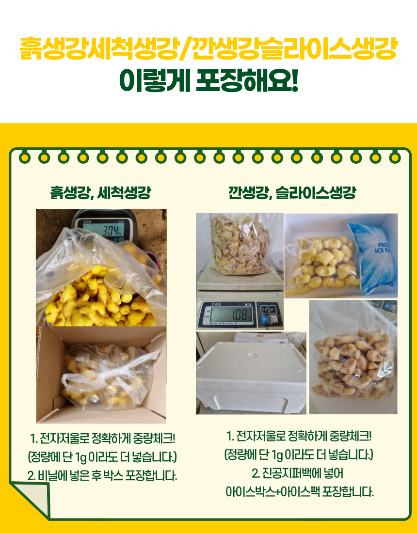 흙생강세척생강/깐생강슬라이스생강 이렇게 포장해요! 흙생강,세척생강 1. 전자저울로 정확하게 중량체크! (정량에 단 1g이라도 더 넣습니다.) 2. 비닐에 넣은 후 박스 포장합니다. 깐생강,슬라이스생강 1. 전자저울로 정확하게 중량체크!(정량에 단 1g이라도 더 넣습니다.) 2. 진공지퍼백에 넣어 아이스박스 아이스팩 포장합니다.