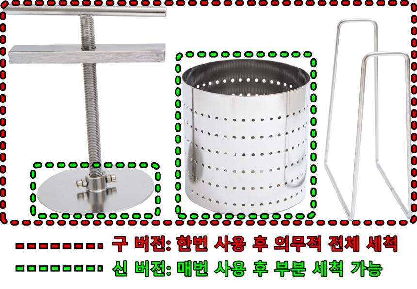 이해를 돕기 위해 구 버전 이미지를 사용했습니다. 녹색 점선(신 버전)은 매번 부분 세척이 가능합니다.