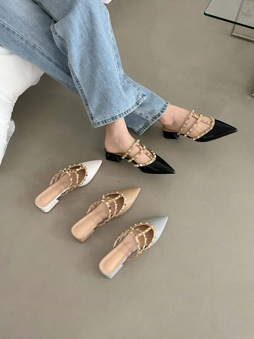 여성 소가죽 스터드 여성뮬슬리퍼형샌들