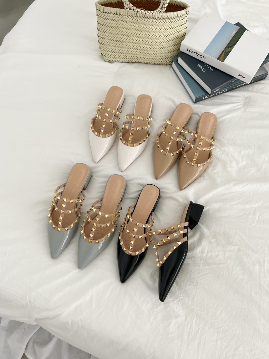 여성 소가죽 스터드 여성뮬슬리퍼형샌들