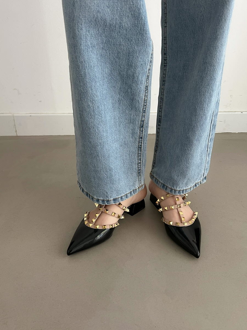 여성 소가죽 스터드 여성뮬슬리퍼형샌들