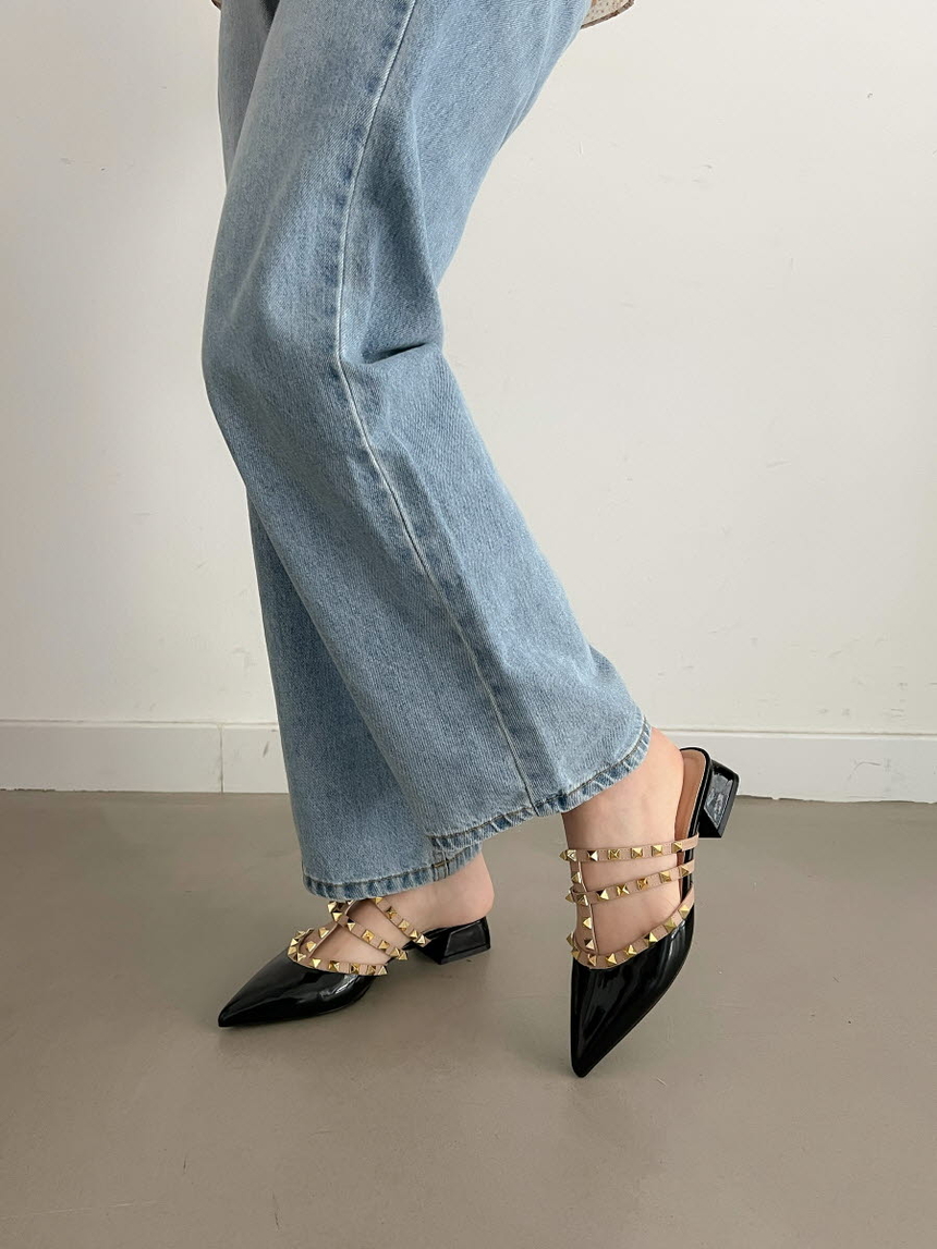 여성 소가죽 스터드 여성뮬슬리퍼형샌들