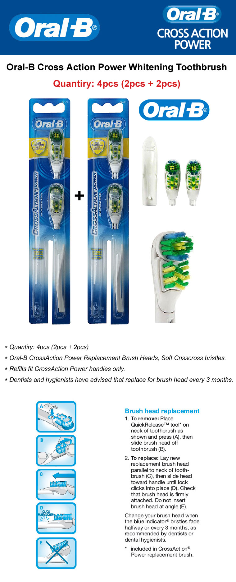 Oral-B CrossAction Power Whitening Toothbrush Replacement Brush Heads ...