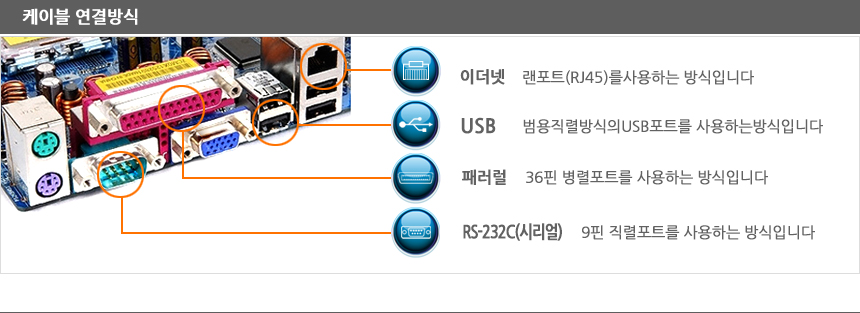케이블 연결방식 이더넷 USB 패러럴 RS-232C