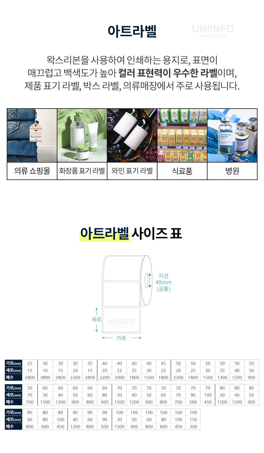 아트라벨 왁스리본 사용 백색도 높아 컬러 표현력 우수 제품 표기라벨 박스라벨 의류매장