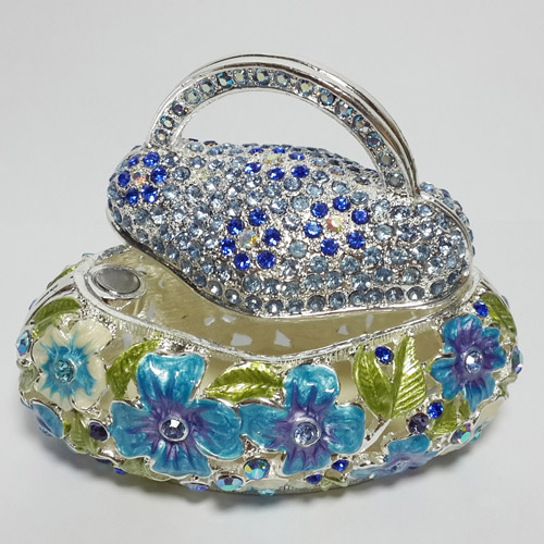 Bejeweled Handbag Trinket Jewelry Box with Blue Crystal Cover