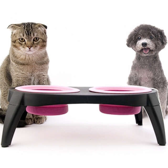 Dfav 저스트펫 강아지 고양이 키높이 접이식 쌍식기 핑크