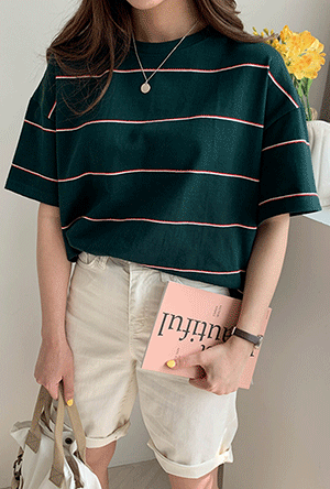 소장각 루즈핏 스트라이프 반팔 티셔츠 (아이보리 그린 네이비) 줄무늬 단가라 루즈핏 오버핏 레이어드 라운드넥