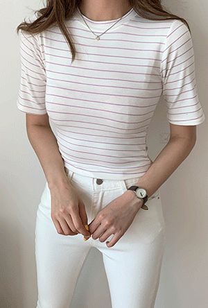 세이미 슬림핏 스트라이프 반팔 티셔츠 (그린 블루 퍼플 블랙) 슬림핏 라운드넥 줄무늬 단가라 스판
