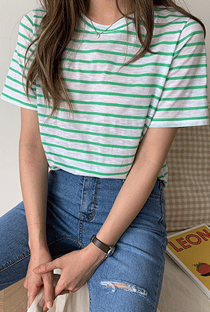 컬러 데일리 스트라이프 반팔 티셔츠 줄무늬 단가라 반팔티(베이지 그린 소라 핑크 블랙)