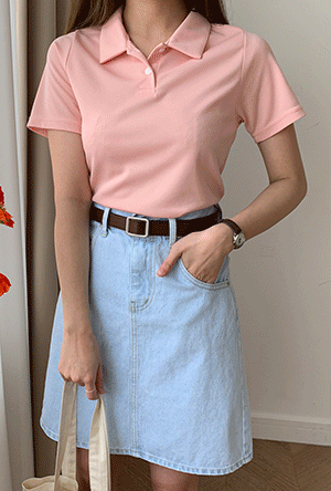 캐주얼 슬림 카라 반팔 티셔츠 슬림핏 (화이트 베이지 핑크 블랙)