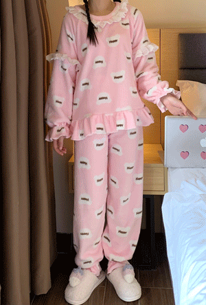 해피한 곰돌이 수면 파자마 세트 (퍼플 핑크) 잠옷 베어 투피스