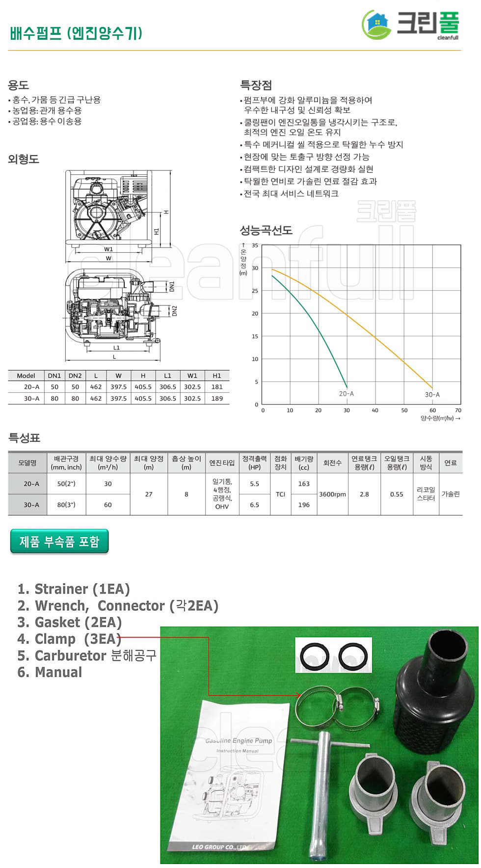 배수펌프 6.5마력 80A GP30-A(80A 6.5HP) 엔진양수기_저수조청소업 신고 허가장비-배수펌프 5마력 이상