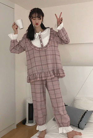 세일러 레이스 체크 파자마세트 (핑크 소라) 잠옷 투피스