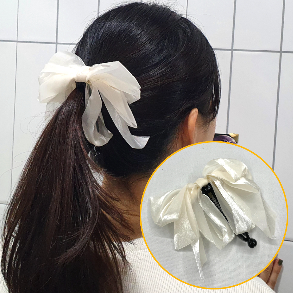 이어링바나나 패션헤어스타일링 올림머리악세사리 쉬폰바나나핀 자개핀 헤어액세서리 투명리본 반묶음액세서리 패션액세서리 레드헤어핀 스트릿패션액세서리 올림머리 쉬폰 왕리본 화이트 바나나핀
