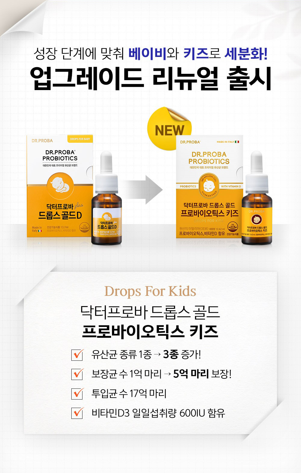 Upgrade renewal launch, segmented into baby and kids according to growth stage Drops For Kids Dr. Proba Drops Gold Probiotics Kids 1 type of lactic acid bacteria -- 3 more types! Guaranteed number of bacteria: 100 million -- 500 million bacteria guaranteed! Contains 1.7 billion bacteria and 600IU daily intake of vitamin D3.