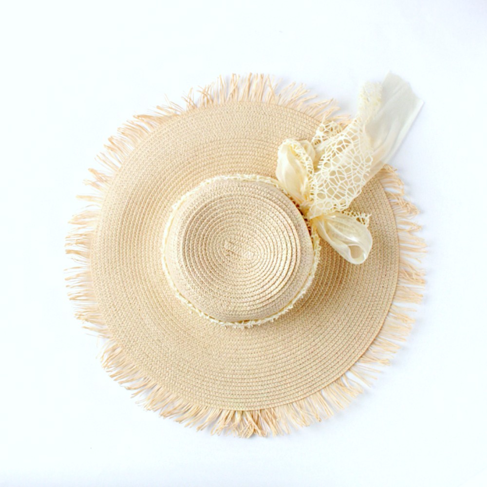 깃털 큰 리본 둥근 챙 끈 모자 비치 햇 해변썸머햇 휴양지바캉스썬캡 바다햇빛가리개