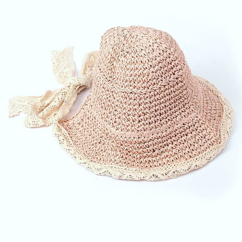 레이스 리본 벙거지 뜨개 끈 모자 비치 햇 핑크 끈달린 모자 휴양지 바캉스 썬캡 해변 썸머 햇