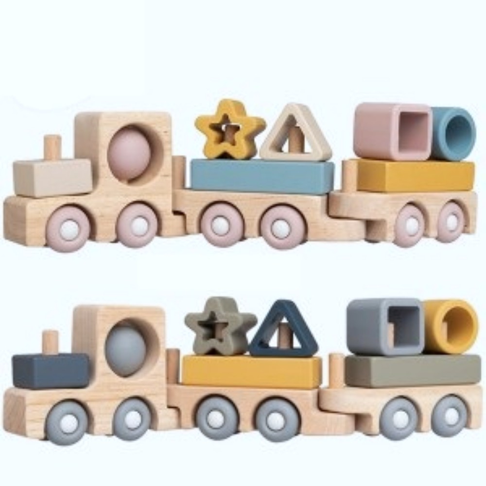 Oce 아기 장난감 원목 실리콘 블록 기차 원목 장난감 실리콘 블럭 협응력 향상 교구