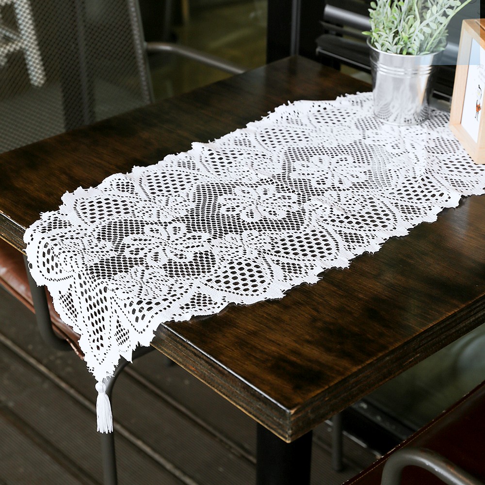 Oce 크로쉐 테이블보 플라워 식탁 러너 33x91 화이트 꽃무늬 화이트 식탁보 장식 콘솔 러너 식탁 깔개 깔판