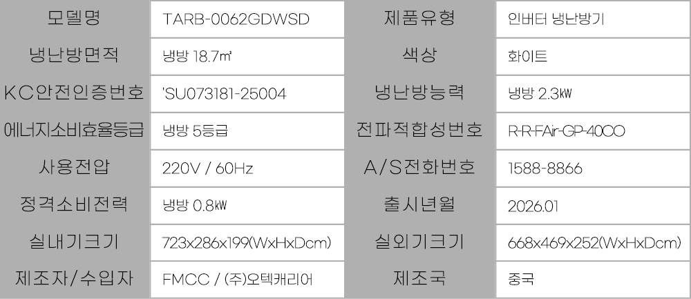 캐리어 벽걸이에어컨 TARB-0062GDWSD 기본설치비포함