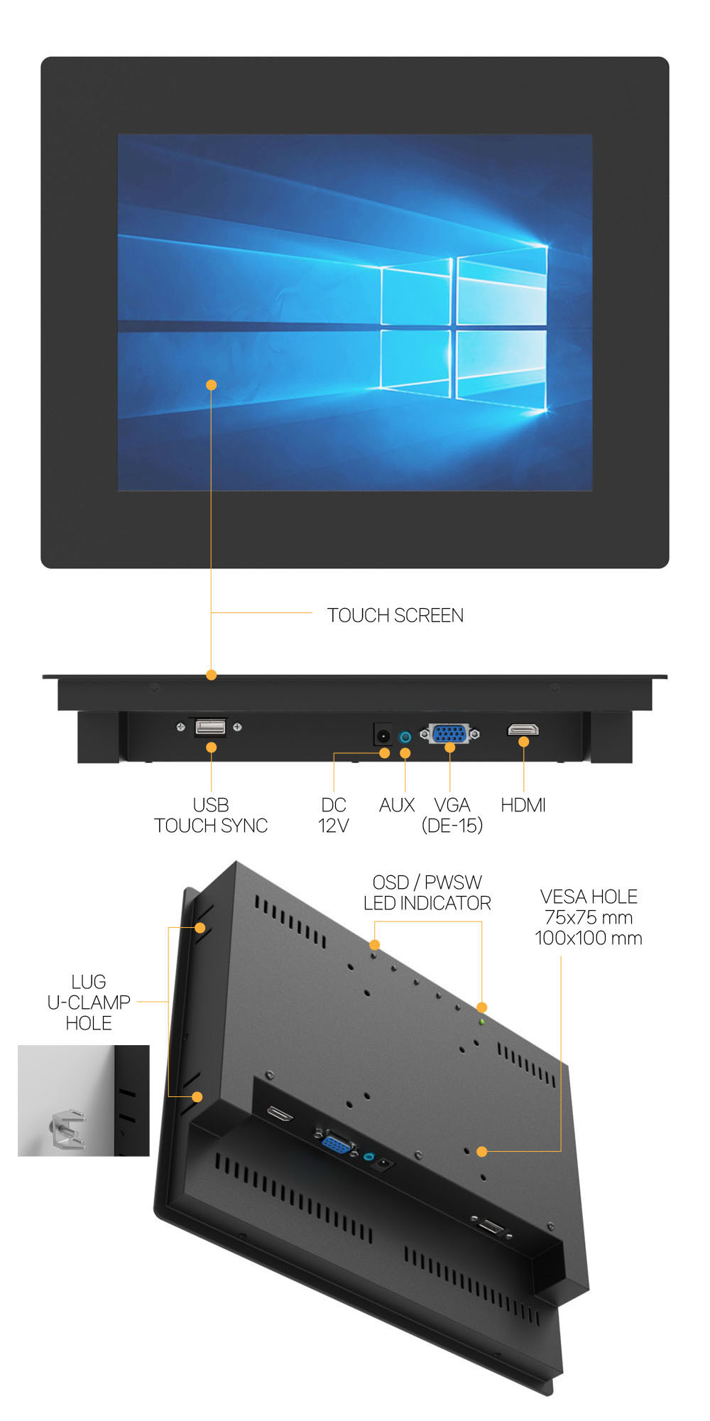 MO104DAEB-VH  매립전용 패널마운트 산업용 터치모니터 HDMI 및 VGA I/O 포트 구성 주문제작 DNSYS