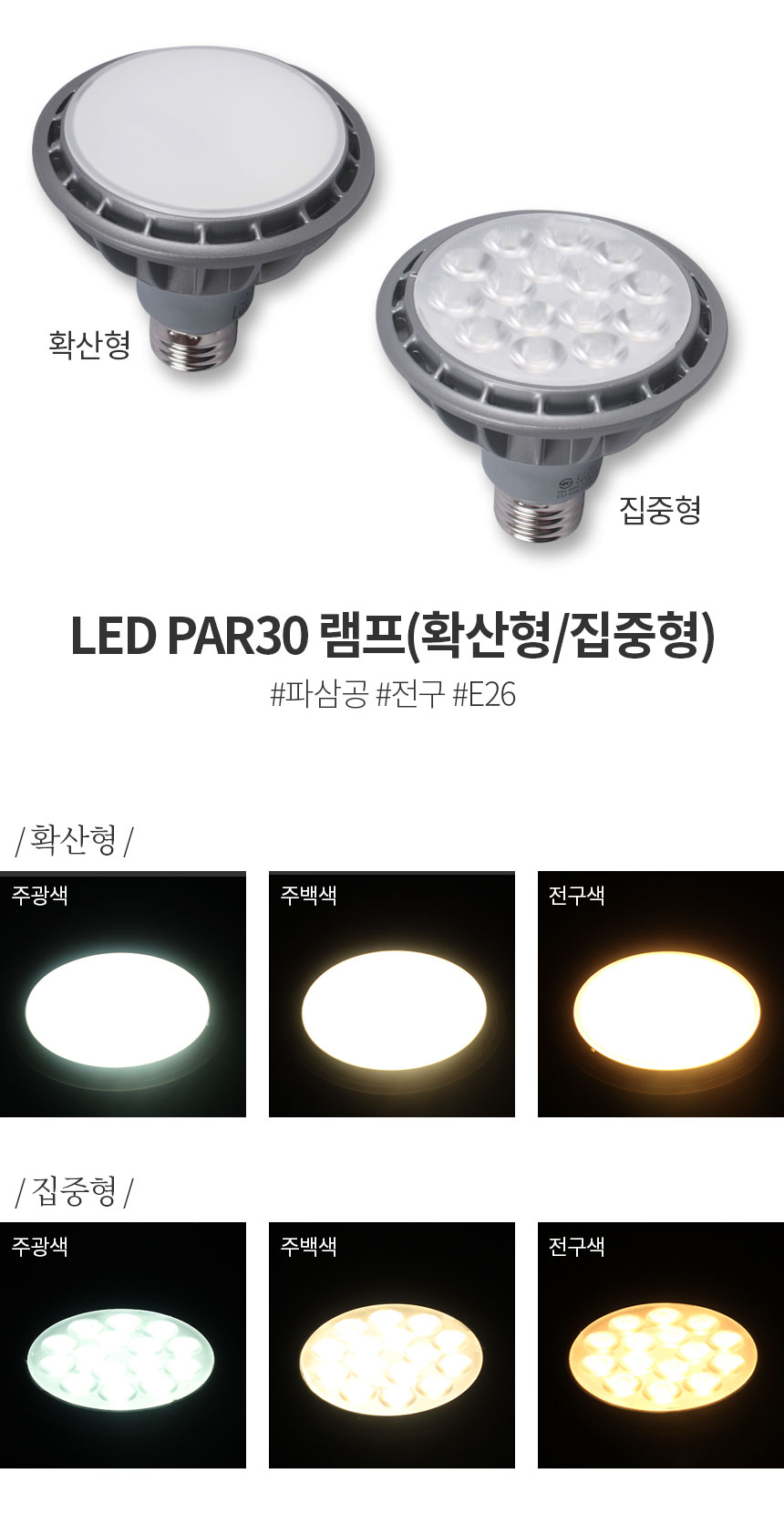 LED PAR30 램프(확산형/집중형) 파삼공 전구 E26