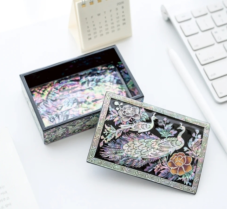 Korean mother-of-pearl najeonchilgi box on a modern desk