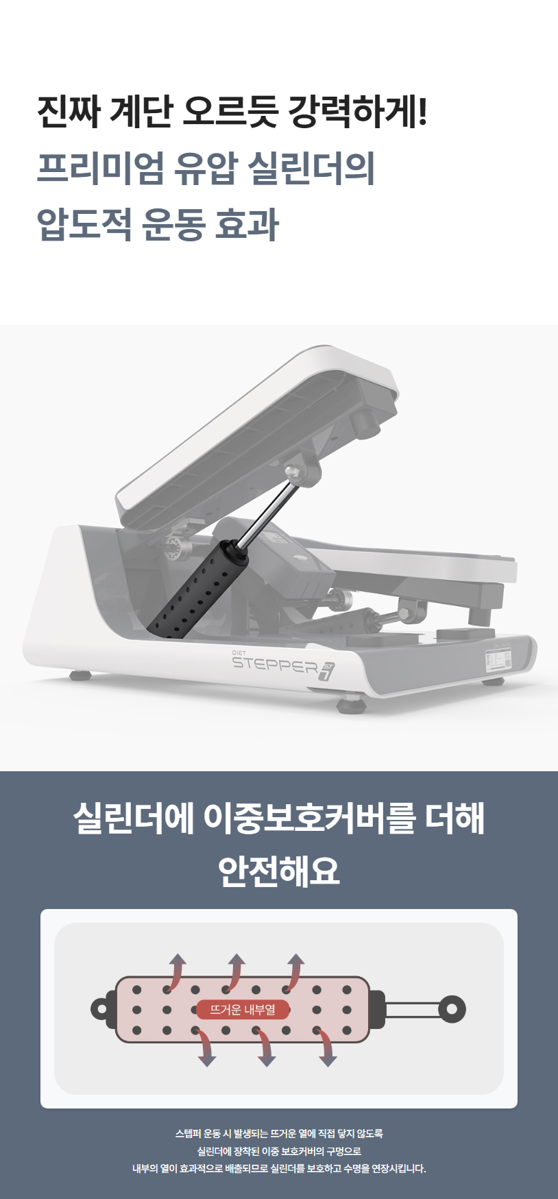 진짜 계단 오르듯 강력하게! 프리미엄 유압 실린더의 압도적 운동 효과 및 이중보호커버 상세