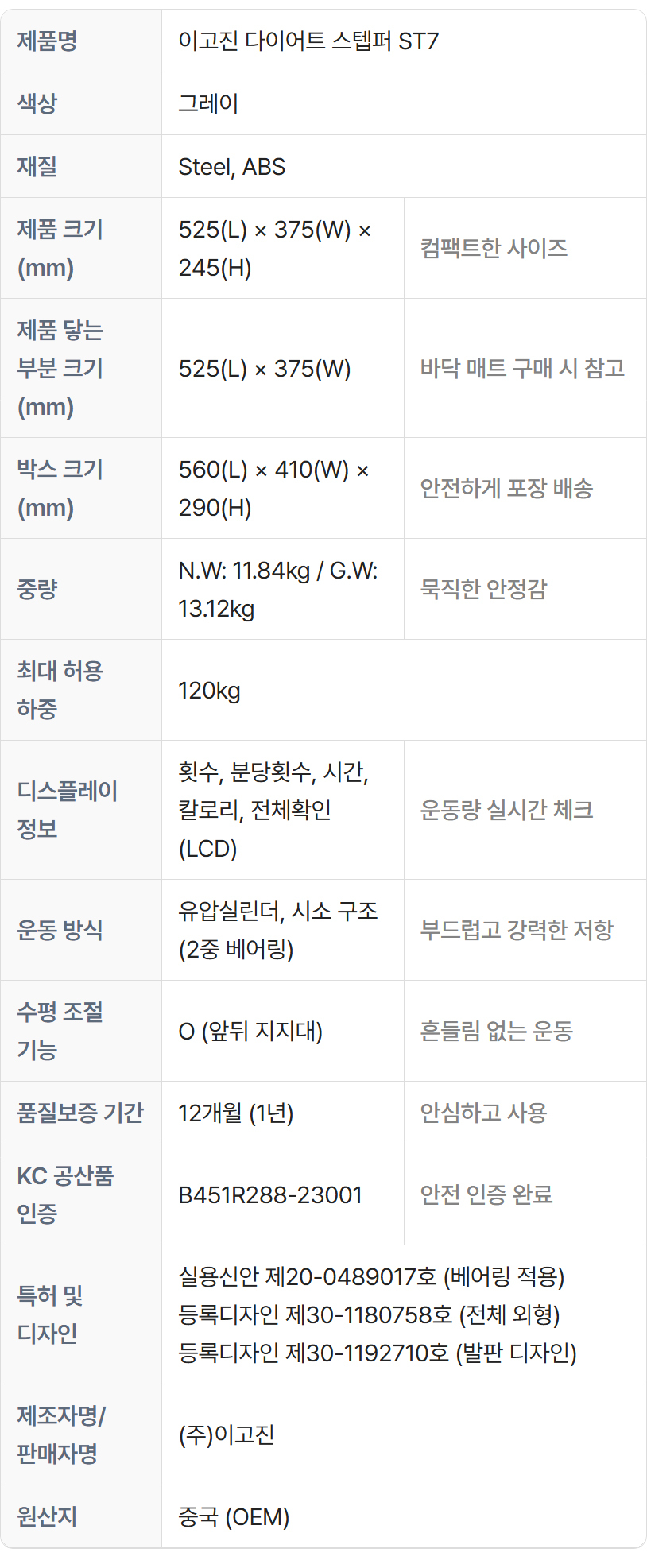 이고진 다이어트 스텝퍼 ST7 제품 사양표: 제품명, 색상, 재질, 크기, 중량, 최대허용하중, 디스플레이 정보, 운동방식, 수평조절, 품질보증, KC인증, 특허 및 디자인, 제조자, 원산지