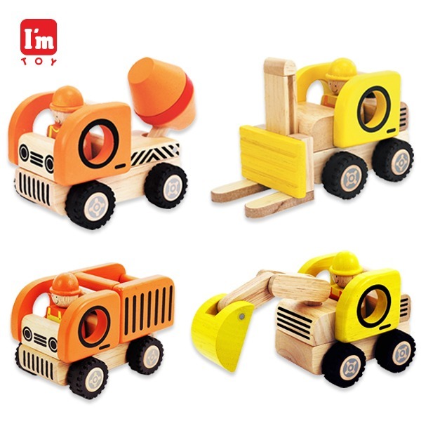 [본사] 아임토이 원목 중장비 자동차 4종세트 (덤프트럭+지게차+포크레인+레미콘)