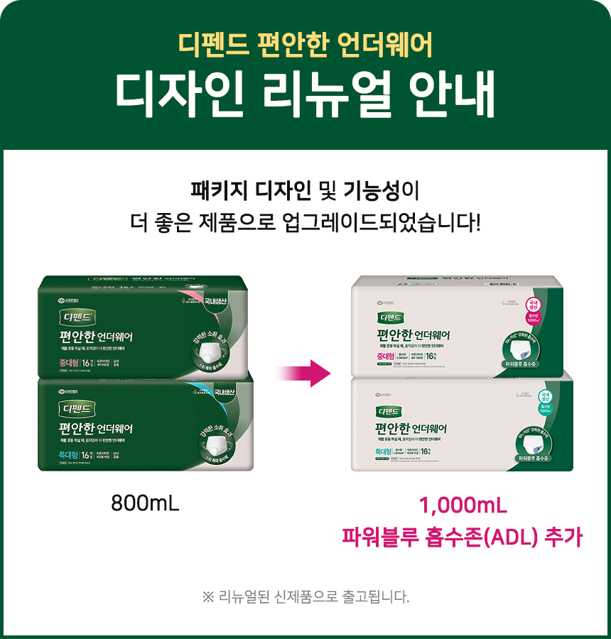 디펜드 편안한 언더웨어 디자인 리뉴얼 안내, 1,000ml, 파워블루 흡수존(ADL) 추가