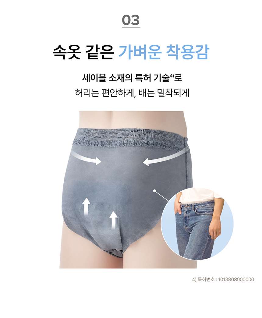 속옷 같은 편안한 착용감. 세이블 소재의 특허 기술로 편안하고 밀착되게