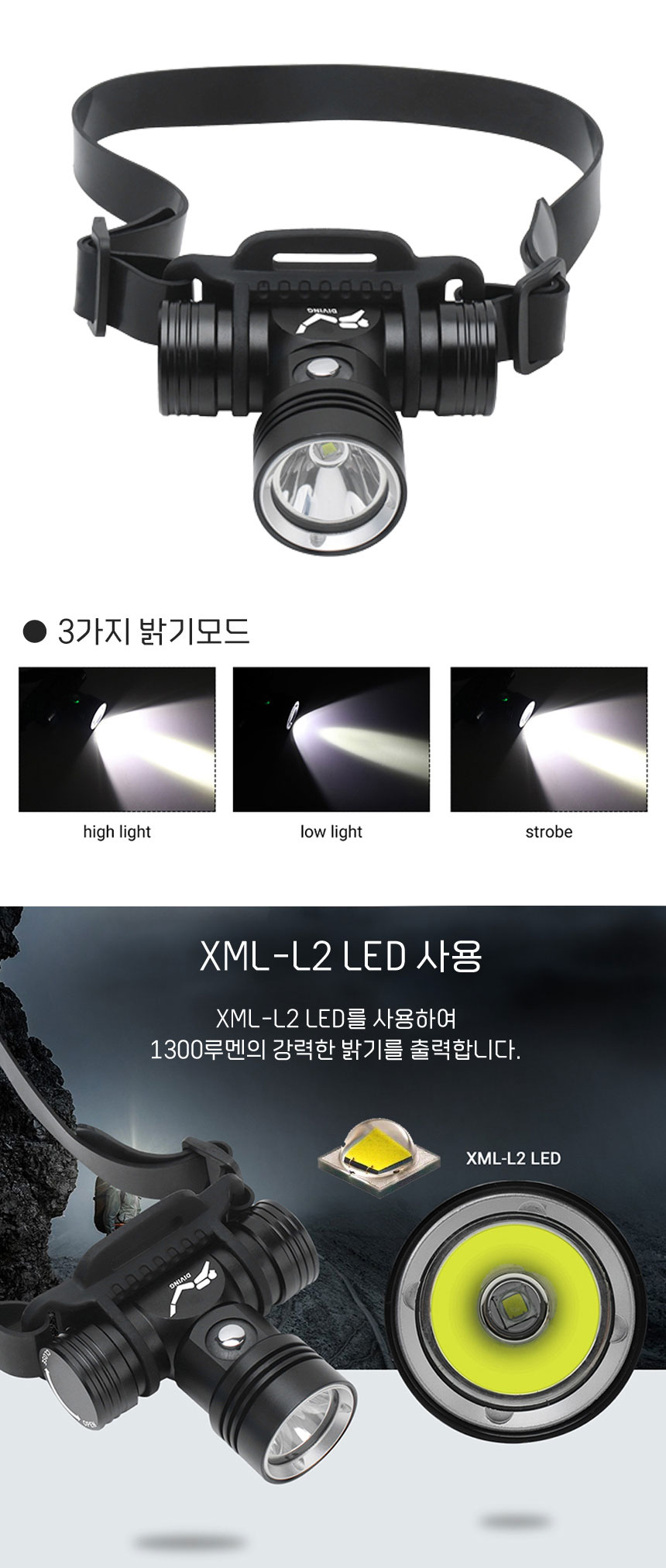 돌핀 D2 1300루멘 수중 헤드랜턴 충전식 LED후레쉬 해루질 낚시 상세 이미지 7