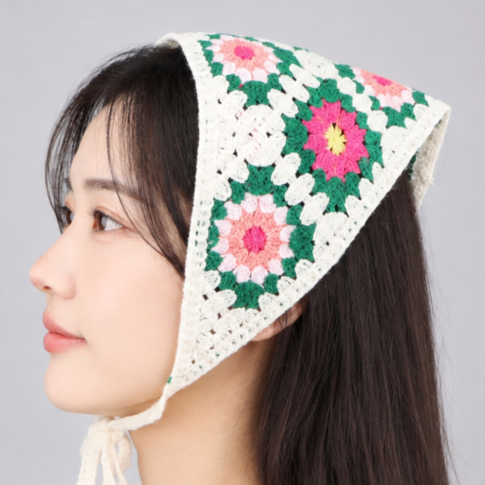 삼각 니트 커치프 헤어두건 핑크플라워