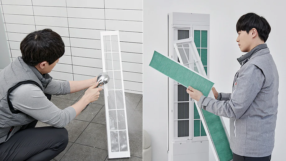 에어컨 스탠드형 필터 세척 및 교체 예시 이미지