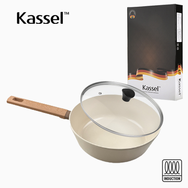 [Kassel]  카셀 인덕션  스톤 크림 세라믹 코팅 궁중팬 24cm + 유리뚜껑 24cm