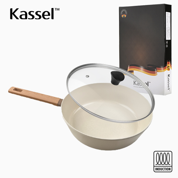 [Kassel]  카셀 인덕션  스톤 크림 세라믹 코팅 궁중팬 28cm + 유리뚜껑 28cm