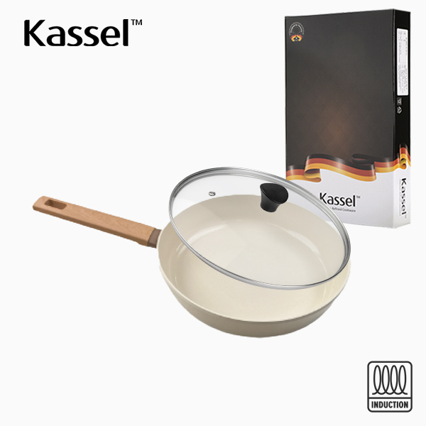 [Kassel]  카셀 인덕션  스톤 크림 세라믹 코팅 후라이팬 24cm + 유리뚜껑 24cm