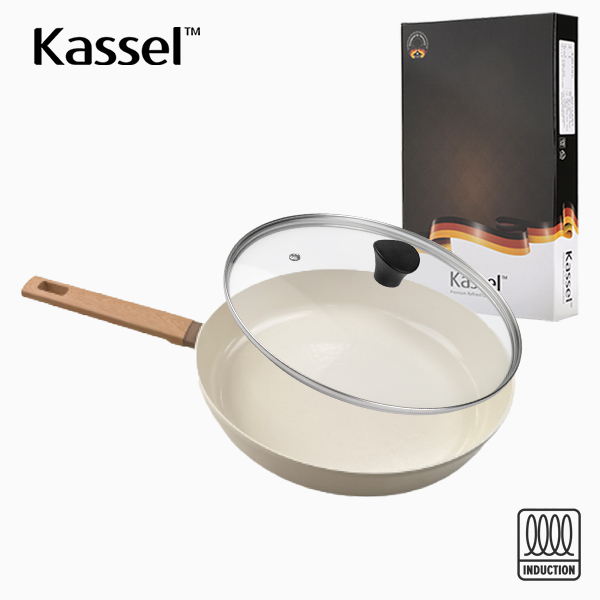[Kassel]  카셀 인덕션  스톤 크림 세라믹 코팅 후라이팬 28cm + 유리뚜껑 28cm