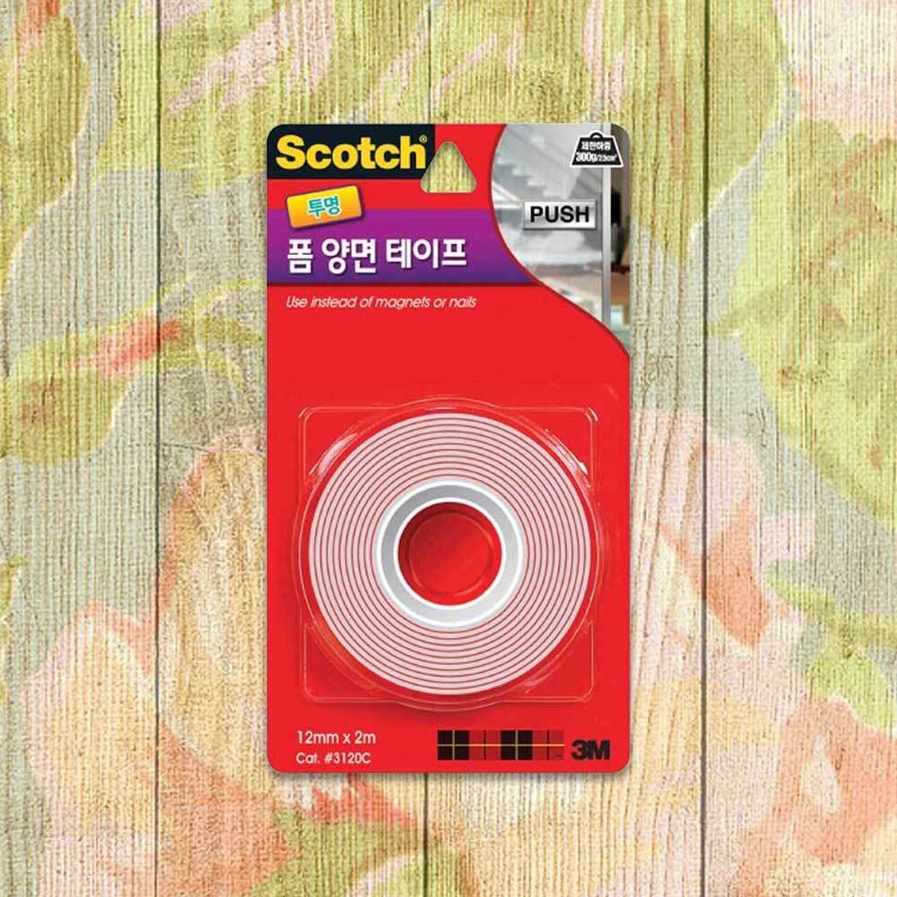 3M 투명 양면 테이프 12mm x 2M 거울 유리 플라스틱 아크릴 판 부착 붙이기 강력 폼 접착 고정