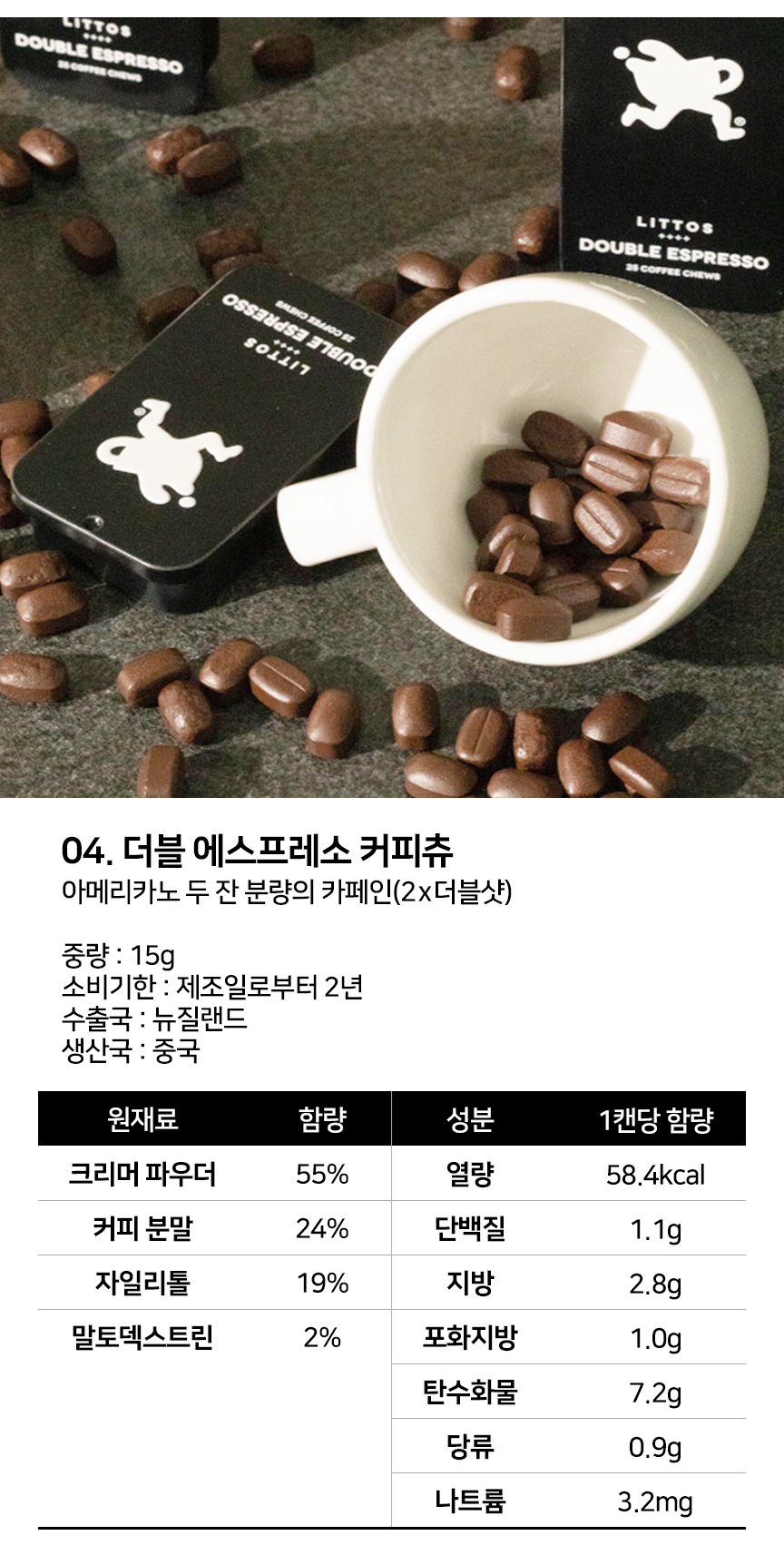 뉴질랜드 정품 리토스 커피츄 15g X 4통 씹어먹는 커피의 진한향과 맛의 풍미