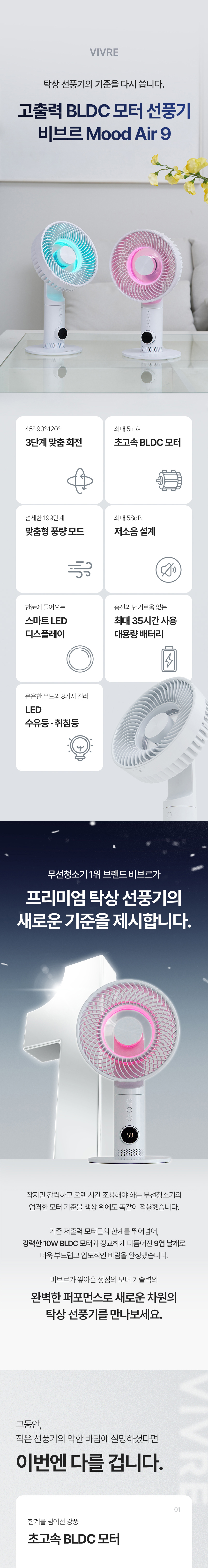 비브르 199단 탁상용 선풍기 사무실 캠핑 자동회전 무드등 7000mAh 휴대용  VF9
