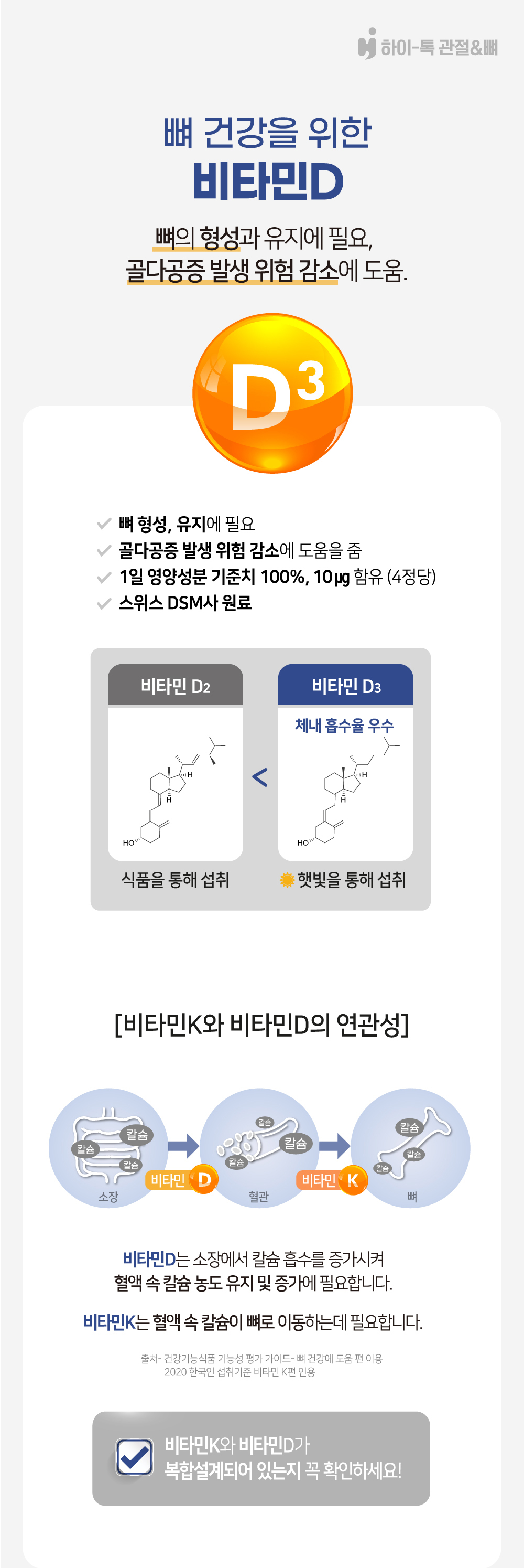 하이톡 관절&뼈에 함유된 비타민D3, 뼈 형성과 유지에 필요한 성분으로 골다공증 위험 감소에 도움을 주며 비타민K와 함께 칼슘 흡수 및 이동 과정 설명